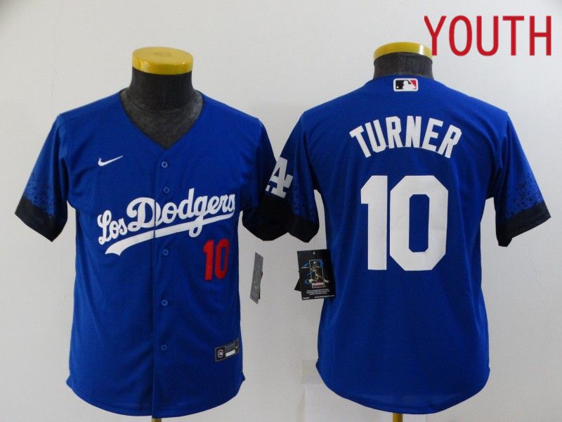 Youth Los Angeles Dodgers #10 Turner Blue City Edition Nike 2021 MLB Jersey